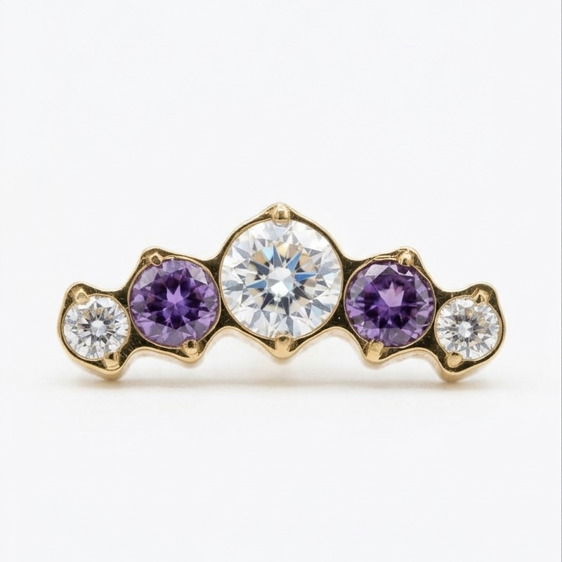 Topo cluster de risca com 2 zirconias amethyst e 3 clear 