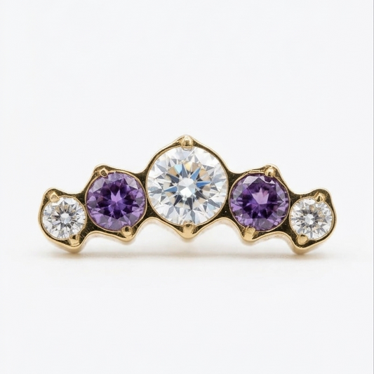 Topo cluster de risca com 2 zirconias amethyst e 3 clear 